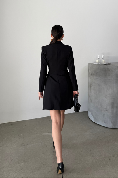 Kadın Elbise Mini Şık Uzun Kollu Kuşaklı Kruvaze Yaka Pileli Ceket Elbise