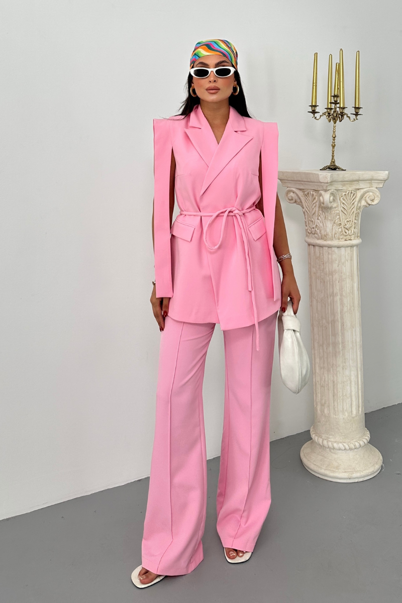 Kadın Alt Üst İkili Takım Omuz Detaylı Kuşaklı Yelek Pantolon Takım