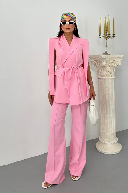 Kadın Alt Üst İkili Takım Omuz Detaylı Kuşaklı Yelek Pantolon Takım