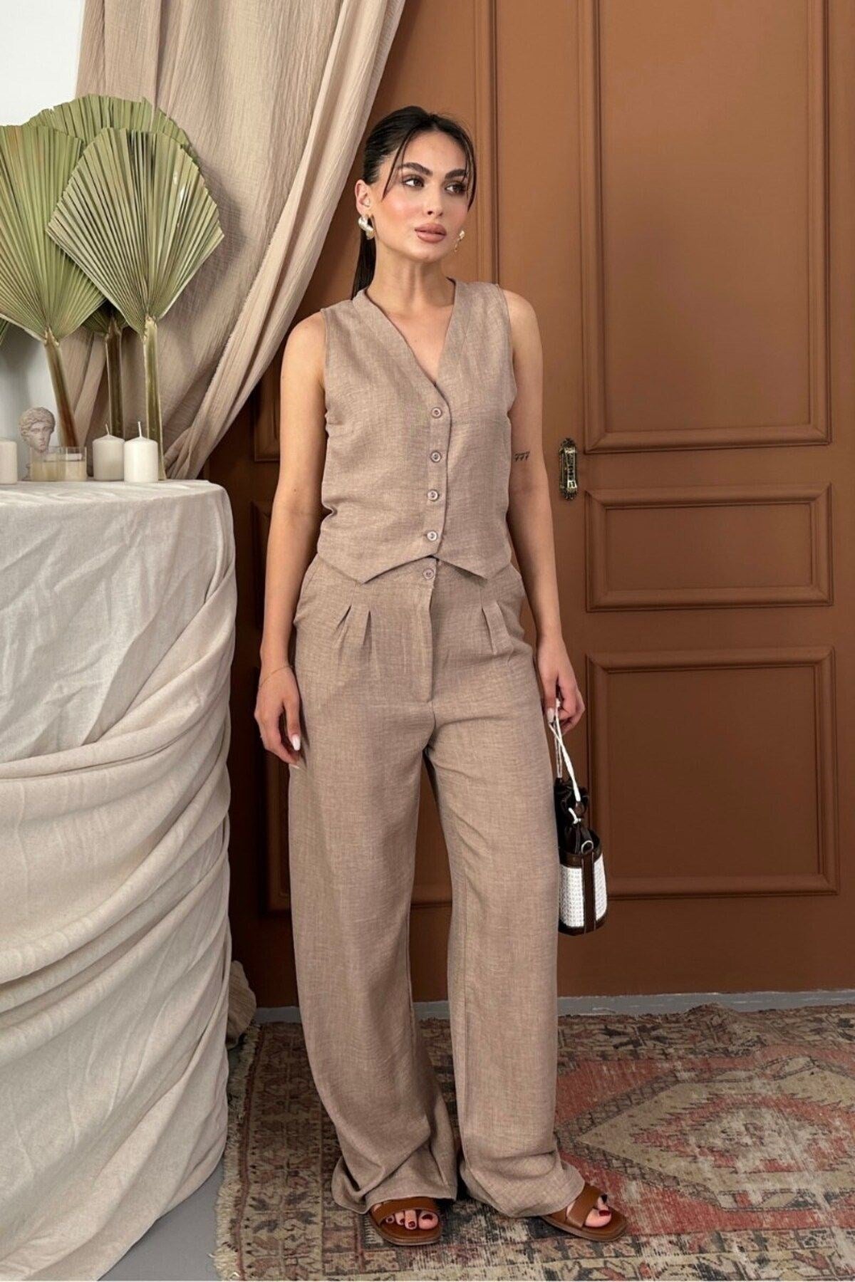 Kadın Alt Üst Takım Keten Düğmeli V Yaka Yelek Bol Paça Pantolon Takım