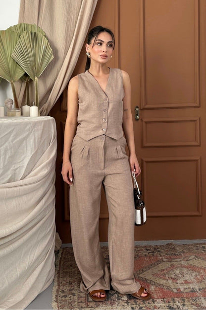 Kadın Alt Üst Takım Keten Düğmeli V Yaka Yelek Bol Paça Pantolon Takım