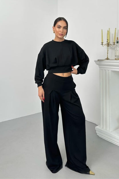 Kadın İkili Alt Üst Takım Modal Kumaş Düşük Omuz Bisiklet Yaka Crop Üst Piliseli Yüksek Bel Geniş Paça Cepli Pantolon Takım