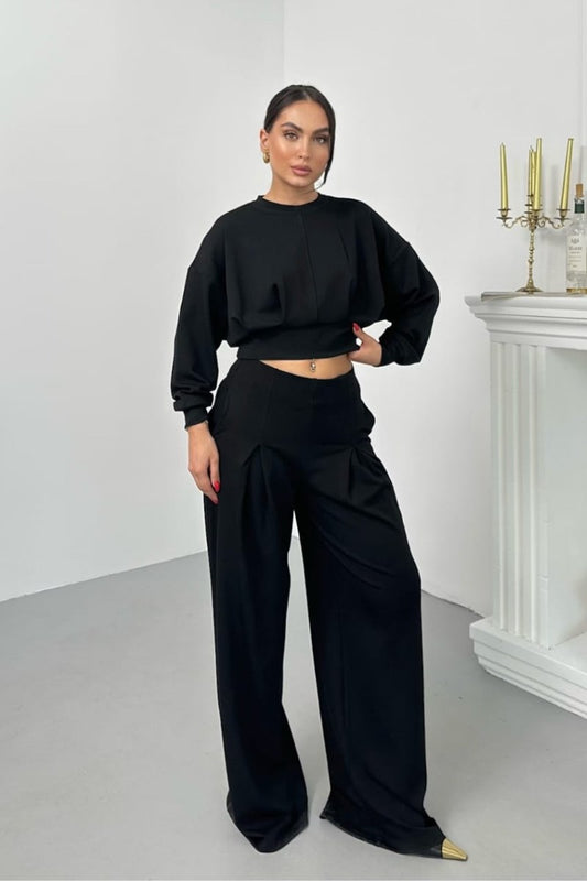 Kadın İkili Alt Üst Takım Modal Kumaş Düşük Omuz Bisiklet Yaka Crop Üst Piliseli Yüksek Bel Geniş Paça Cepli Pantolon Takım