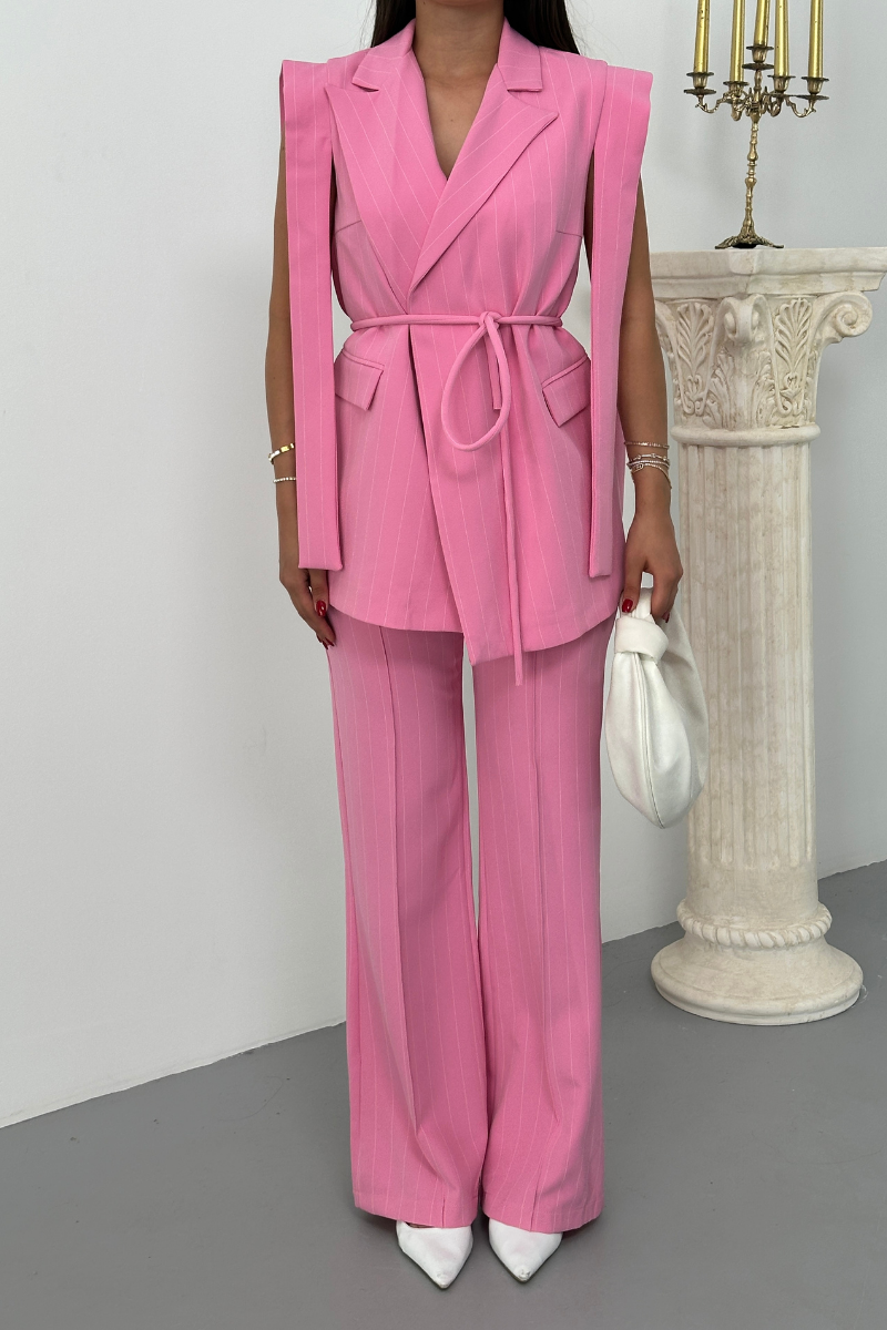Kadın Alt Üst İkili Takım Çizgili Omuz Detaylı Kuşaklı Yelek Pantolon Takım