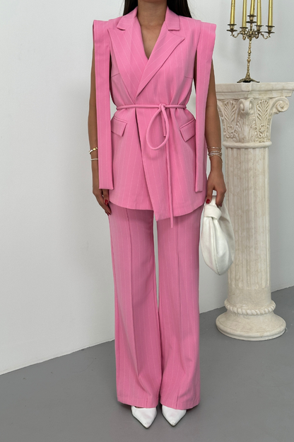 Kadın Alt Üst İkili Takım Çizgili Omuz Detaylı Kuşaklı Yelek Pantolon Takım