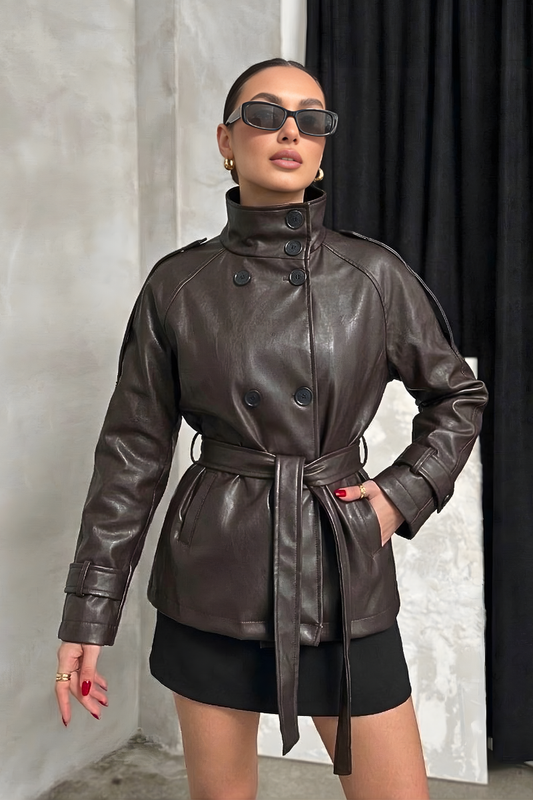 Kadın Suni Deri Ceket Kuşaklı Düğmeli Uzun Kollu Cepli Dik Yaka Deri Trençkot