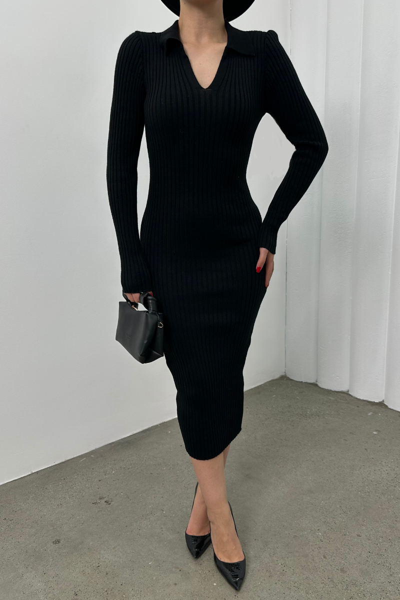 Kadın Elbise Uzun Triko Kışlık Polo Yaka Likralı Kalem Elbise