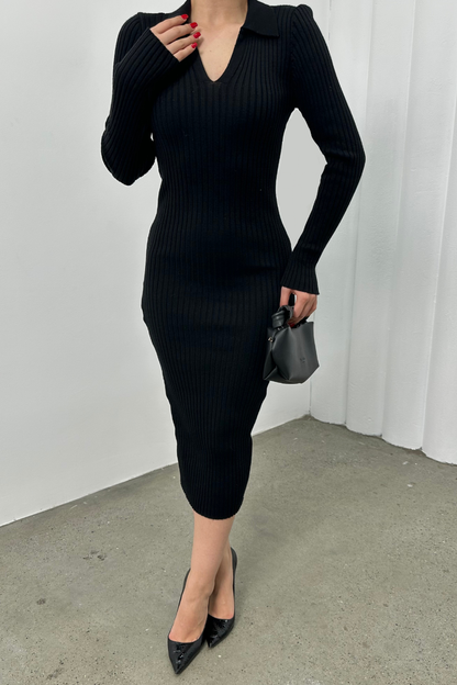 Kadın Elbise Uzun Triko Kışlık Polo Yaka Likralı Kalem Elbise