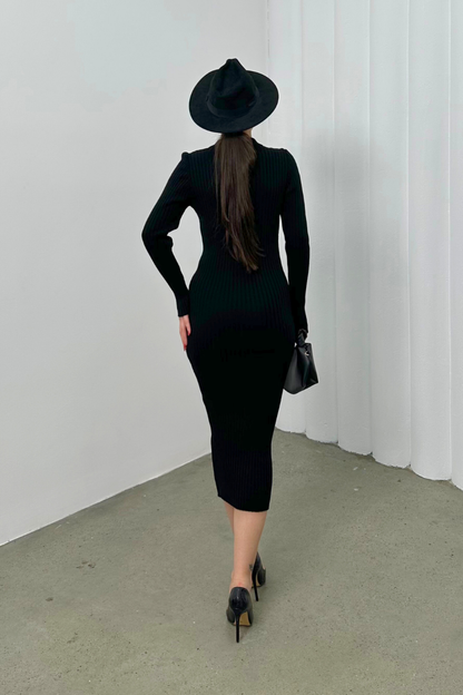 Kadın Elbise Uzun Triko Kışlık Polo Yaka Likralı Kalem Elbise