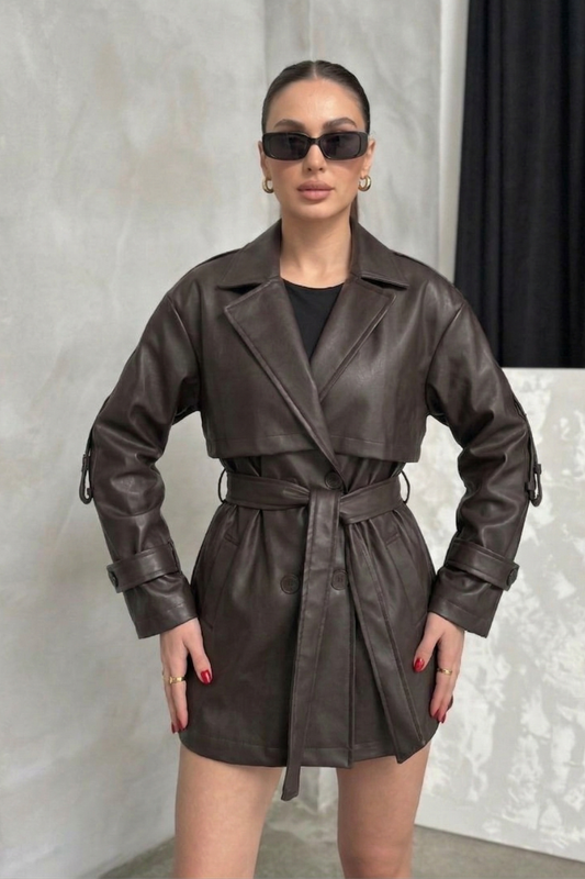 Kadın Suni Deri Ceket Kuşaklı Düğmeli Uzun Kollu Cepli Düşük Omuz Kruvaze Yaka Deri Trençkot