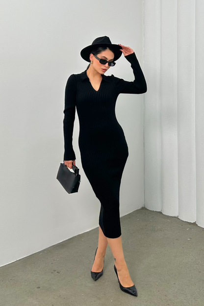 Kadın Elbise Uzun Triko Kışlık Polo Yaka Likralı Kalem Elbise