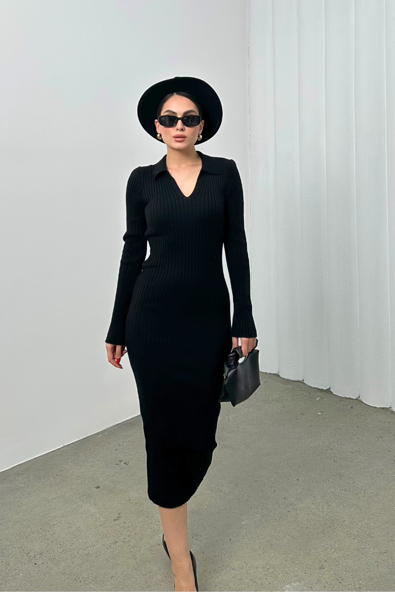 Kadın Elbise Uzun Triko Kışlık Polo Yaka Likralı Kalem Elbise