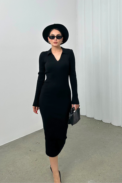 Kadın Elbise Uzun Triko Kışlık Polo Yaka Likralı Kalem Elbise