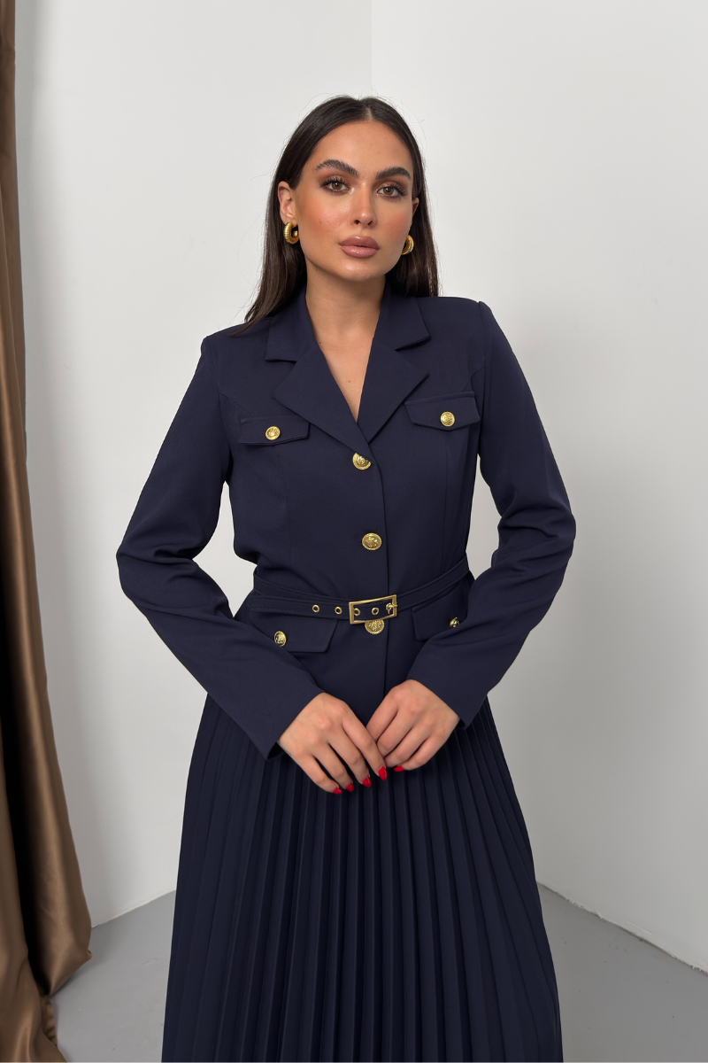 Kadın İkili Alt Üst Takım Şık Kemerli Cep ve Düğme Detaylı Kısa Blazer Ceket Piliseli Uzun Etek Takım