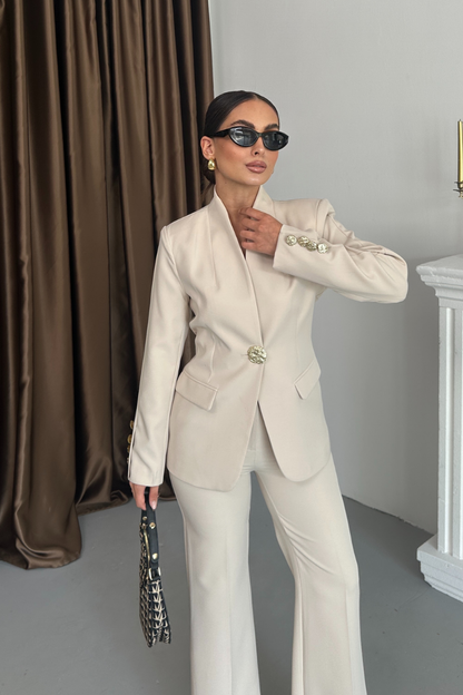 Kadın İkili Takım Şık Düğme Detaylı Dik Yaka Blazer Ceket Bol Paça Pantolon Takım