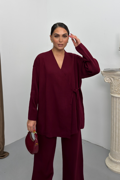 Kadın İkili Alt Üst Takım Triko Yandan Bağcıklı Kruvaze Hırka Bol Paça Pantolon Örme Takım