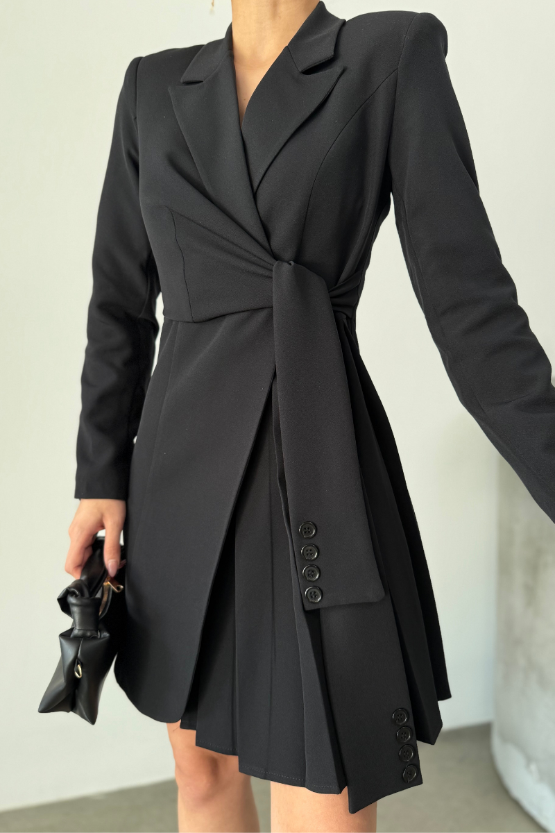 Kadın Elbise Mini Şık Uzun Kollu Kuşaklı Kruvaze Yaka Pileli Ceket Elbise