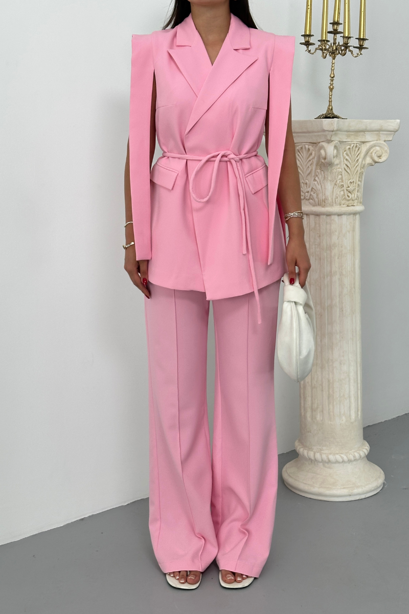 Kadın Alt Üst İkili Takım Omuz Detaylı Kuşaklı Yelek Pantolon Takım