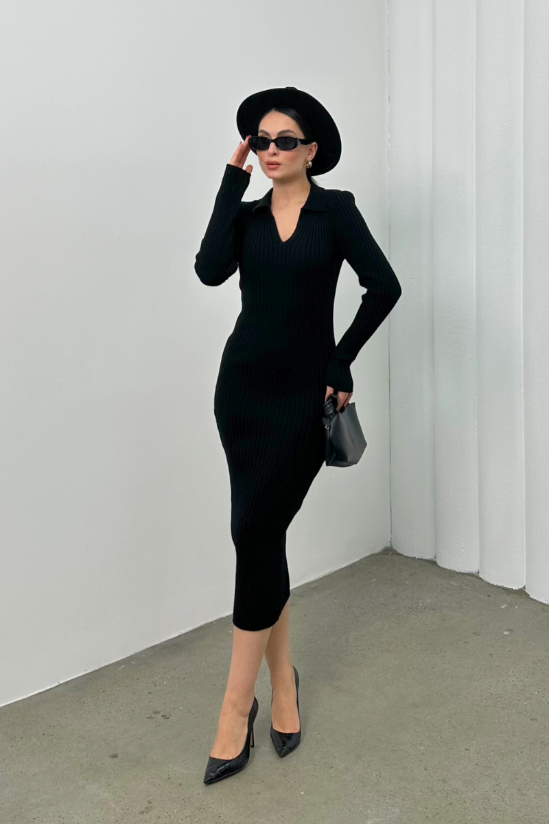 Kadın Elbise Uzun Triko Kışlık Polo Yaka Likralı Kalem Elbise