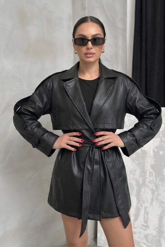 Kadın Suni Deri Ceket Kuşaklı Düğmeli Uzun Kollu Cepli Düşük Omuz Kruvaze Yaka Deri Trençkot