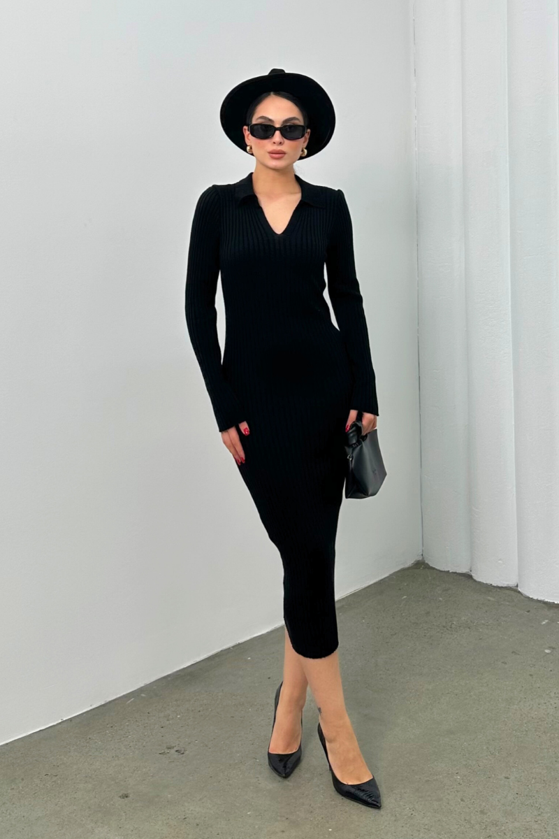 Kadın Elbise Uzun Triko Kışlık Polo Yaka Likralı Kalem Elbise