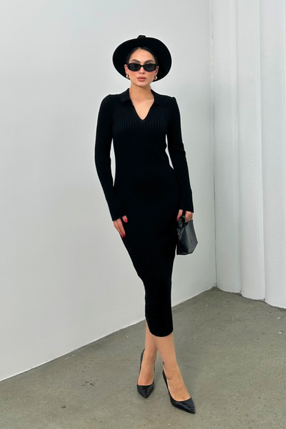 Kadın Elbise Uzun Triko Kışlık Polo Yaka Likralı Kalem Elbise