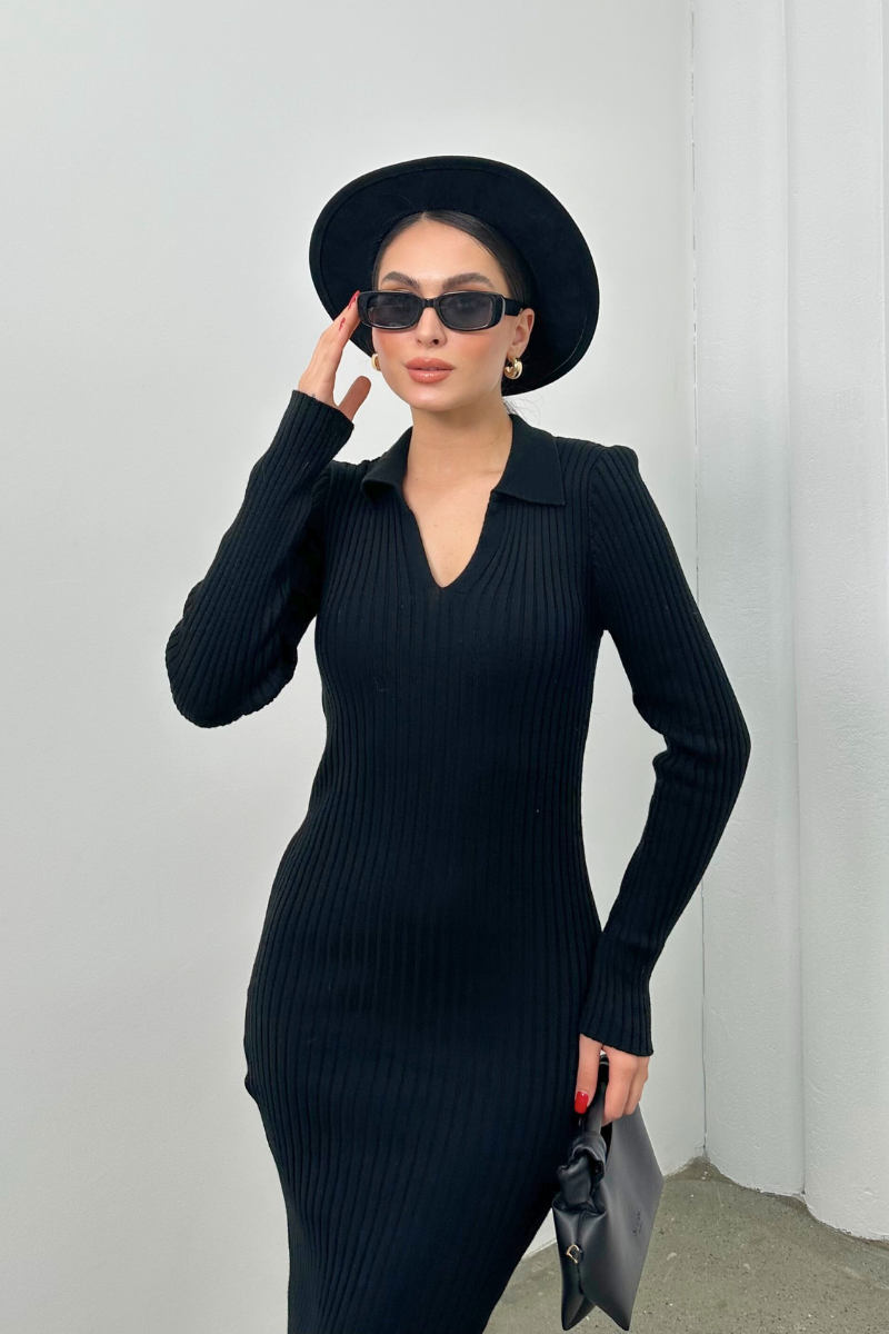 Kadın Elbise Uzun Triko Kışlık Polo Yaka Likralı Kalem Elbise