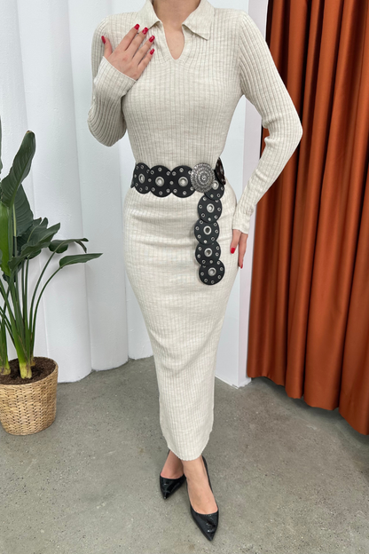 Kadın Elbise Uzun Triko Kışlık Polo Yaka Likralı Kalem Elbise