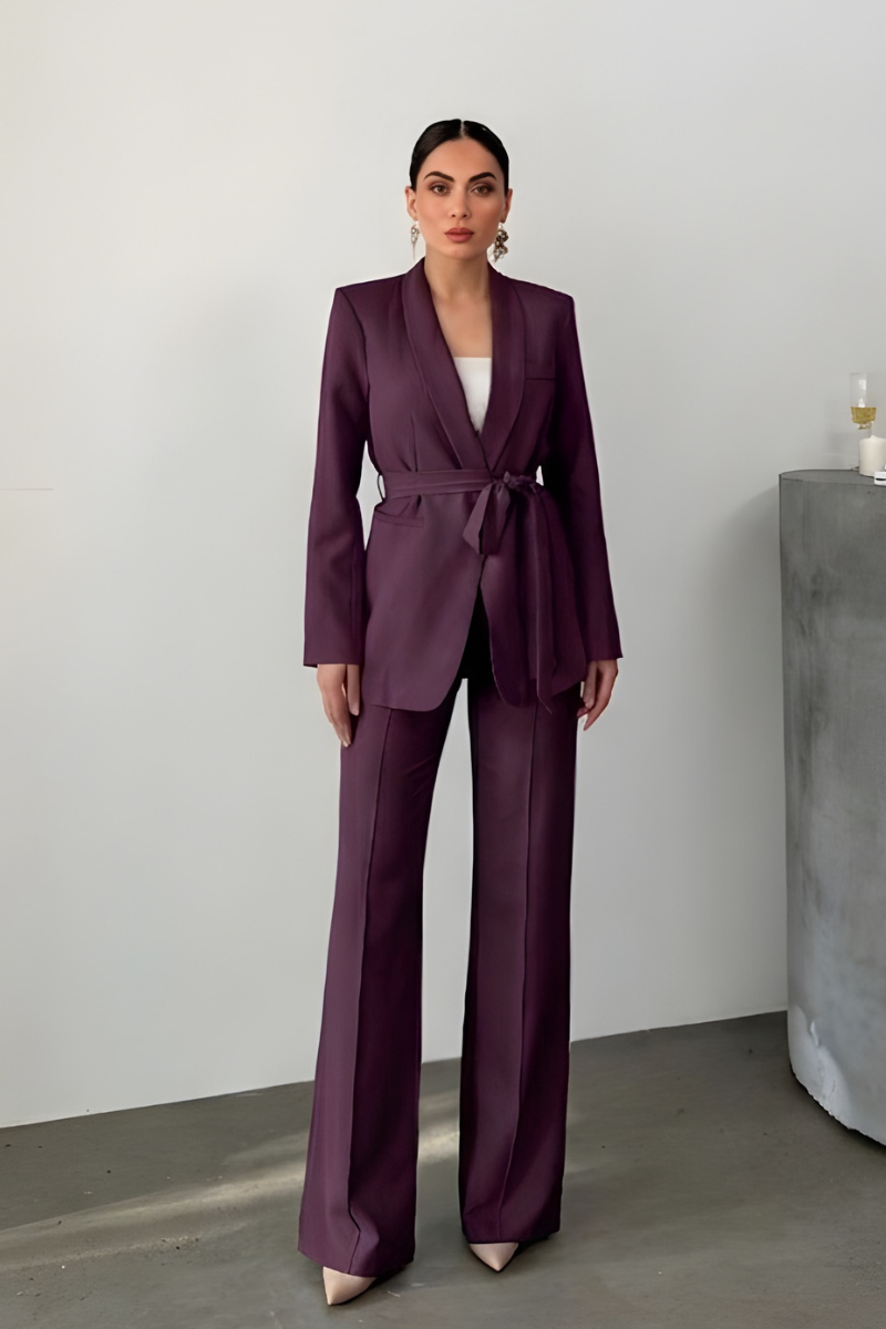 Kadın İkili Kuşaklı Blazer Ceket Pantolon Takım