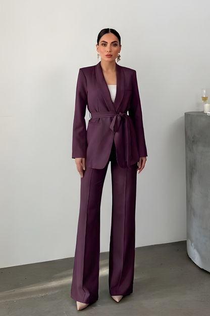 Kadın İkili Kuşaklı Blazer Ceket Pantolon Takım