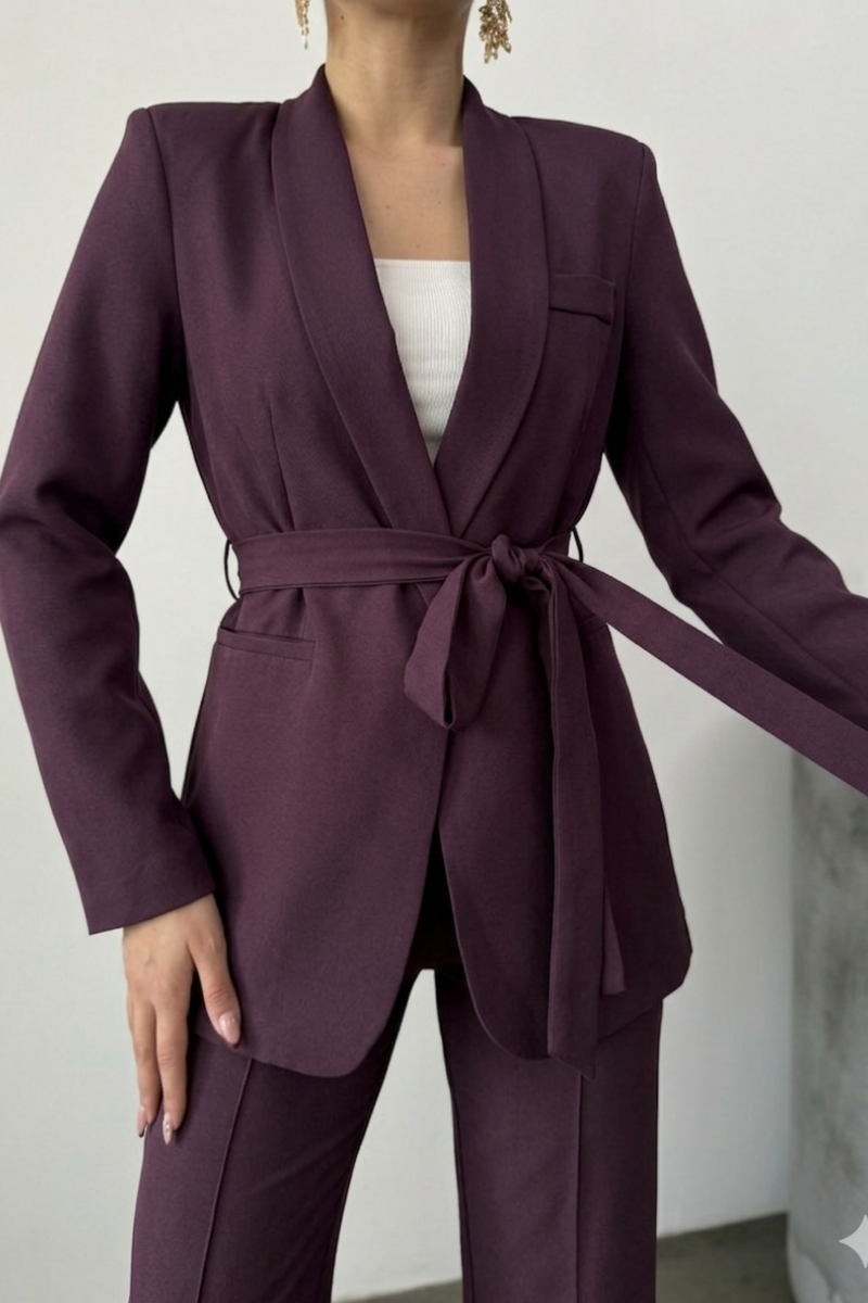 Kadın İkili Kuşaklı Blazer Ceket Pantolon Takım