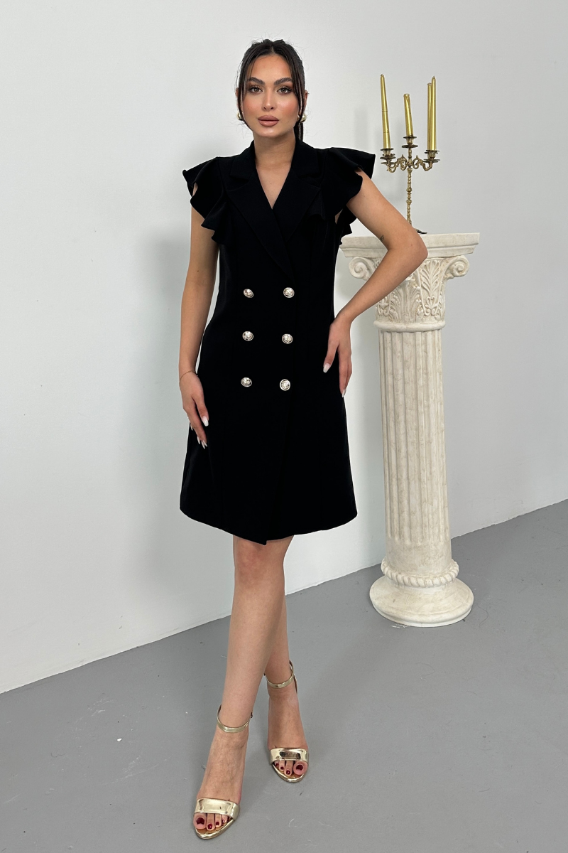 Kadın Elbise Kısa Kruvaze Yaka Volan Kol Fırfırlı Düğme Detaylı Ceket Elbise