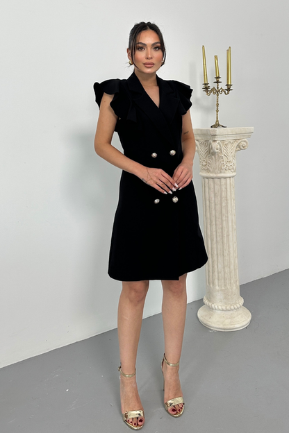 Kadın Elbise Kısa Kruvaze Yaka Volan Kol Fırfırlı Düğme Detaylı Ceket Elbise