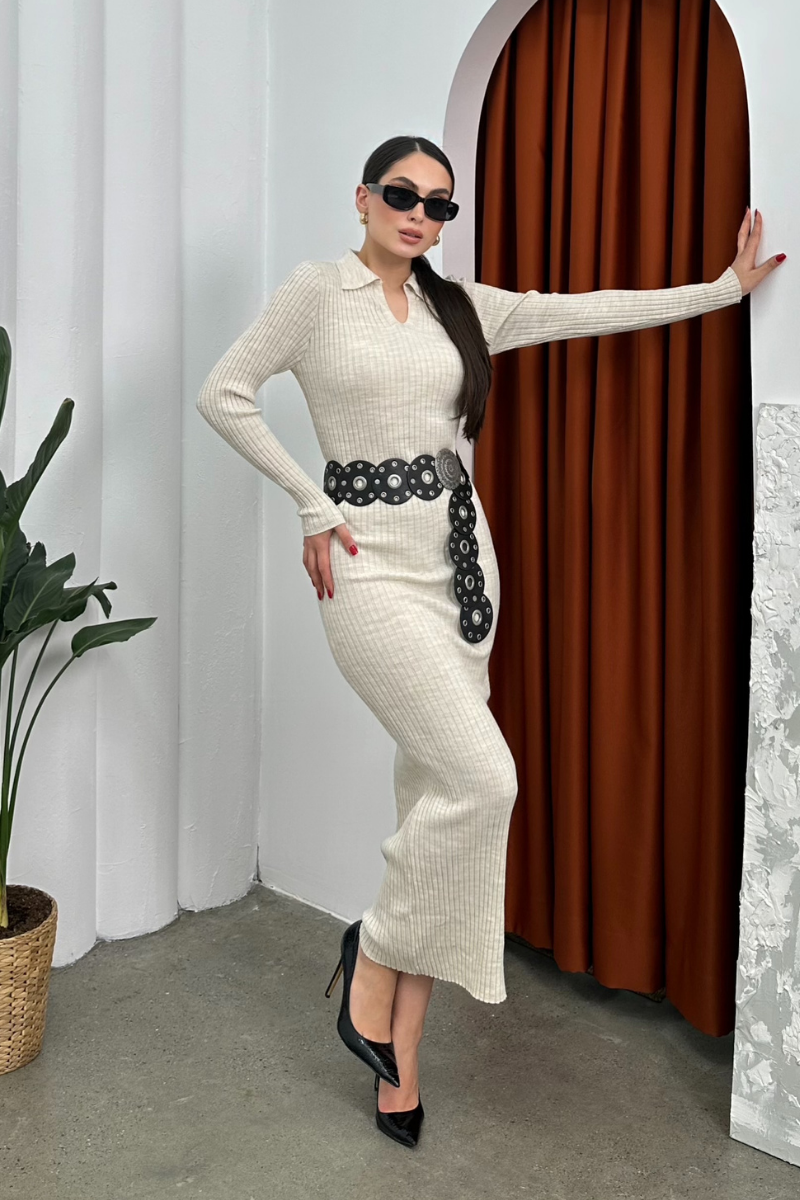 Kadın Elbise Uzun Triko Kışlık Polo Yaka Likralı Kalem Elbise