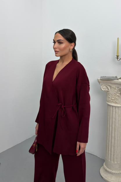 Kadın İkili Alt Üst Takım Triko Yandan Bağcıklı Kruvaze Hırka Bol Paça Pantolon Örme Takım