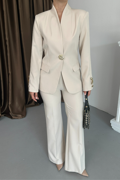 Kadın İkili Takım Şık Düğme Detaylı Dik Yaka Blazer Ceket Bol Paça Pantolon Takım