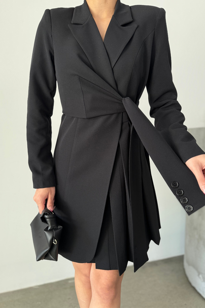 Kadın Elbise Mini Şık Uzun Kollu Kuşaklı Kruvaze Yaka Pileli Ceket Elbise