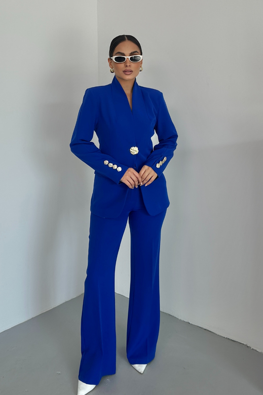 Kadın İkili Takım Şık Düğme Detaylı Dik Yaka Blazer Ceket Bol Paça Pantolon Takım