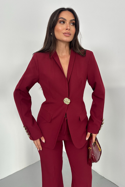 Kadın İkili Takım Şık Düğme Detaylı Dik Yaka Blazer Ceket Bol Paça Pantolon Takım