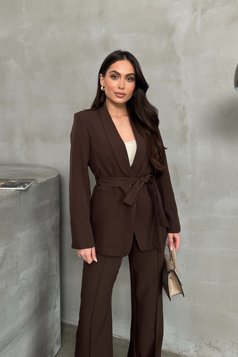 Kadın İkili Kuşaklı Blazer Ceket Pantolon Takım