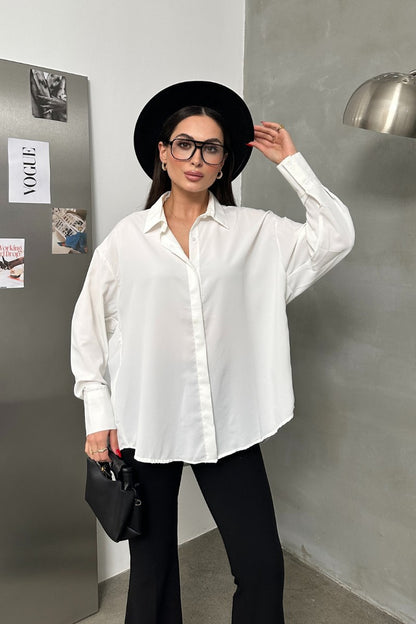 Kadın Oversize Gömlek Uzun Kollu Düşük Omuz Dökümlü Gömlek BEYAZ Standart