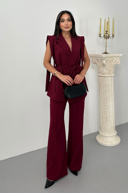 Kadın Alt Üst İkili Takım Omuz Detaylı Kuşaklı Yelek Pantolon Takım