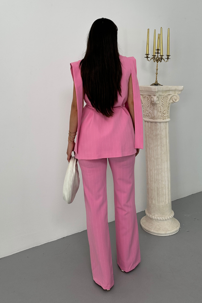 Kadın Alt Üst İkili Takım Çizgili Omuz Detaylı Kuşaklı Yelek Pantolon Takım