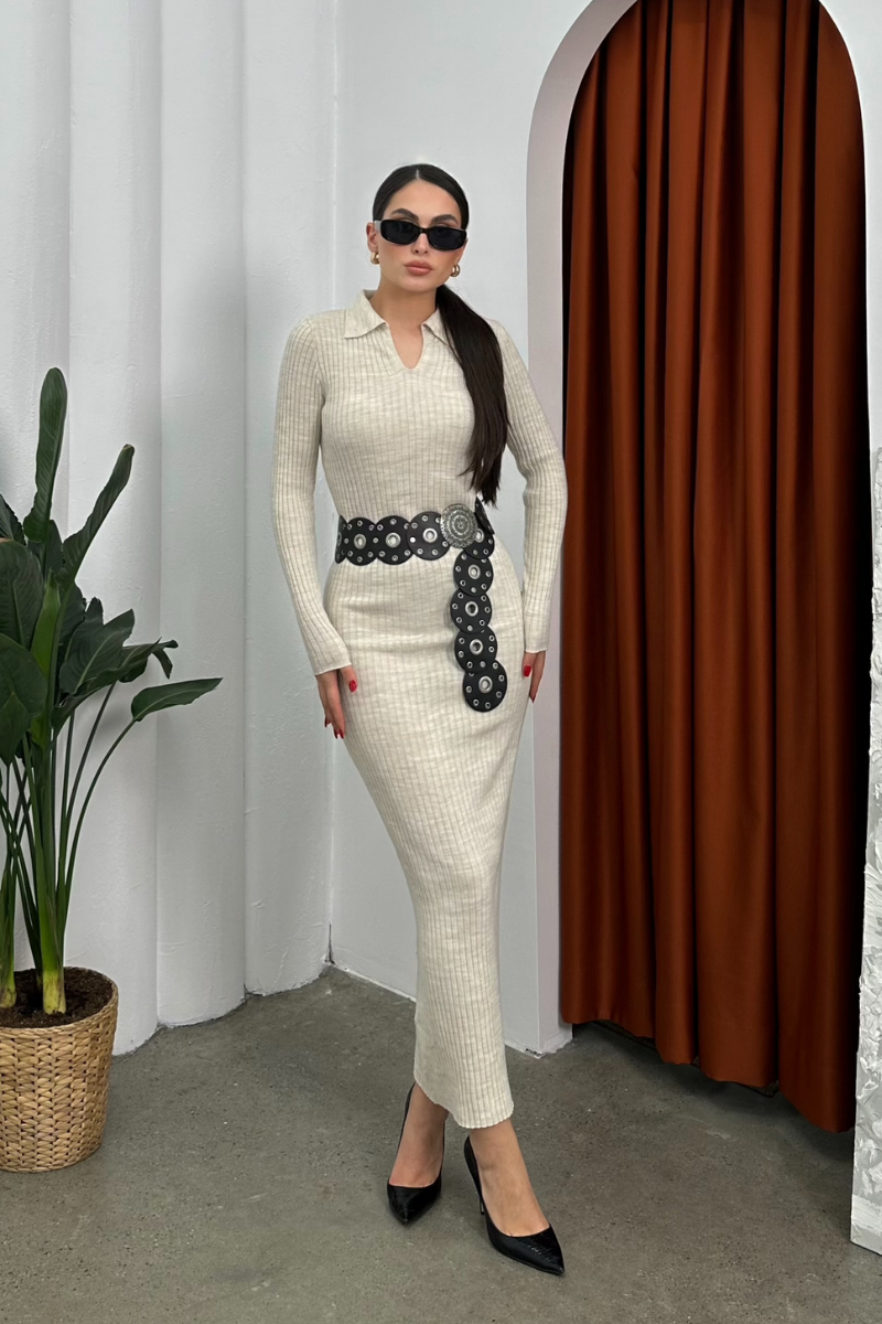 Kadın Elbise Uzun Triko Kışlık Polo Yaka Likralı Kalem Elbise