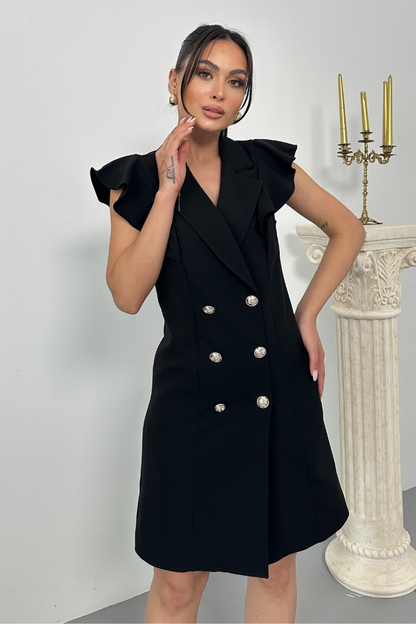 Kadın Elbise Kısa Kruvaze Yaka Volan Kol Fırfırlı Düğme Detaylı Ceket Elbise