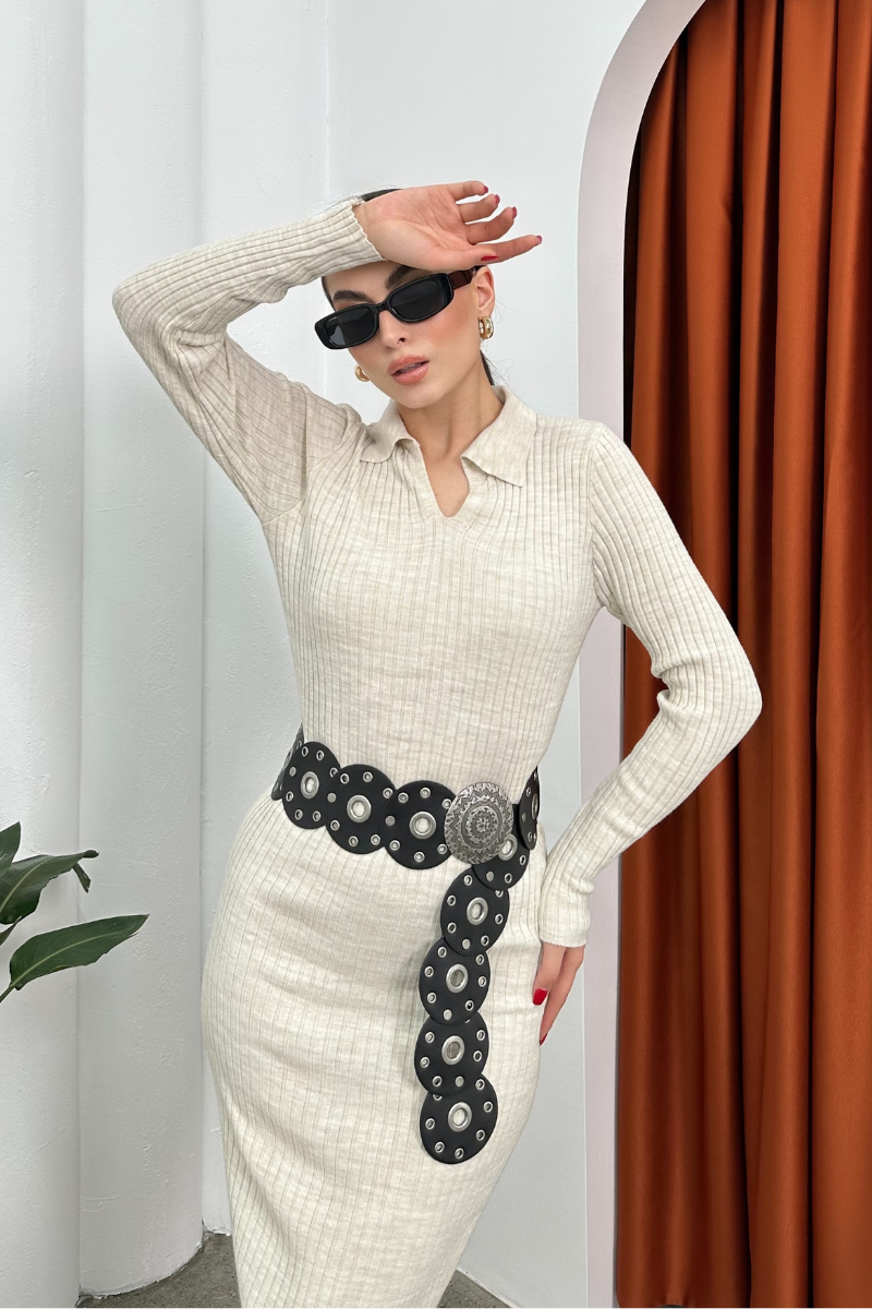 Kadın Elbise Uzun Triko Kışlık Polo Yaka Likralı Kalem Elbise