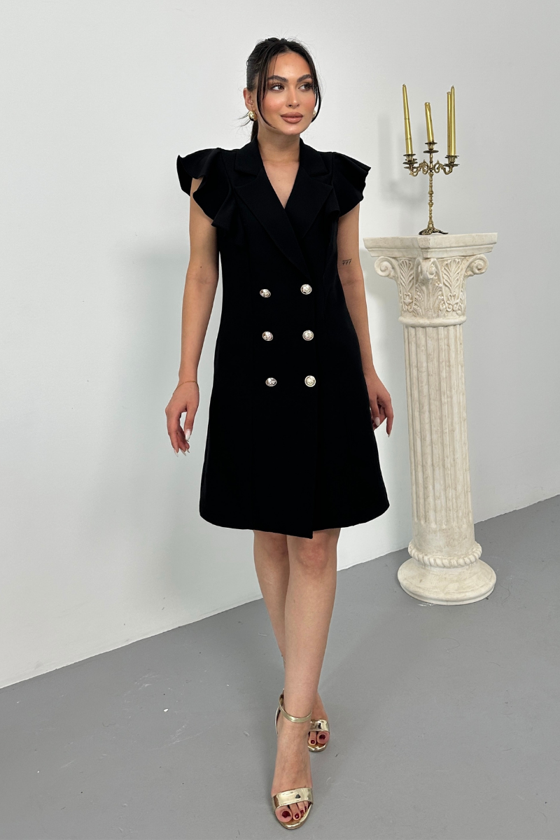 Kadın Elbise Kısa Kruvaze Yaka Volan Kol Fırfırlı Düğme Detaylı Ceket Elbise