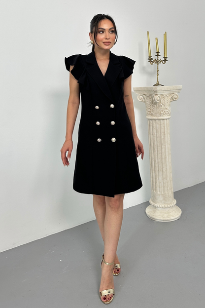 Kadın Elbise Kısa Kruvaze Yaka Volan Kol Fırfırlı Düğme Detaylı Ceket Elbise