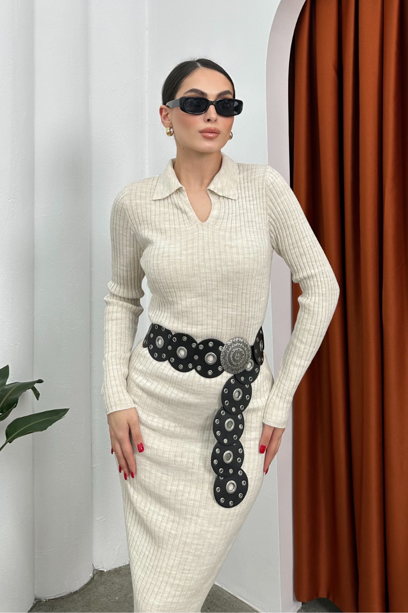 Kadın Elbise Uzun Triko Kışlık Polo Yaka Likralı Kalem Elbise