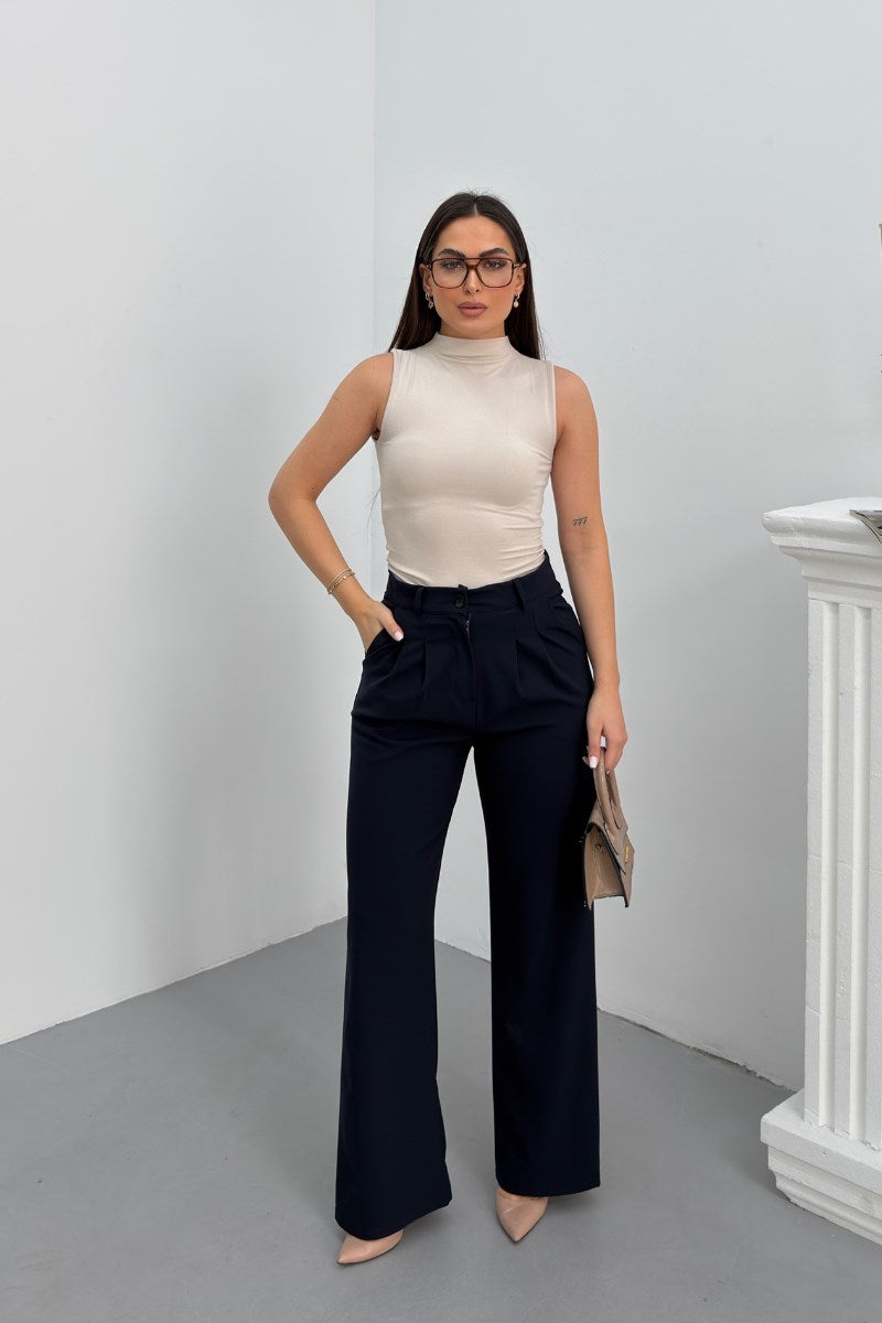 Kadın Pantolon Beli Bağcıklı Pile Detaylı Çift Cepli Bol Paça Pantolon